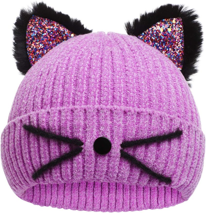ACTLATI Little Girls Sequin Cat Ears Hats Cute Warm Knit Beanie Hat for Kids Winter Outdoor Snow Ski Skull Cap 3-8 Years - Image 1